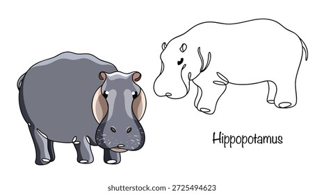 Dois hipopótamos desenhados à mão. Um mamífero grande e maciço, com pernas curtas, uma cabeça enorme e pele espessa. Vetor simples e isolado para vários usos.