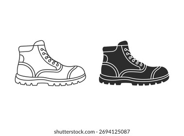 Two hand-drawn illustrations of work boots, one in outline and the other in silhouette, against a white background.