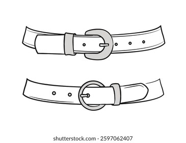 Two hand-drawn leather belts with different buckle designs on a white background. The illustration showcases fashion accessories with a minimalistic and stylish aesthetic. Vector illustration