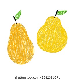 Two hand-drawn pears with a scribble texture, featuring green leaves and a white background. A set of pears.