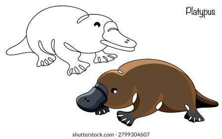 Two hand-drawn platypuses. This unusual animal features a wide, flat beak, webbed feet, and a streamlined body covered in thick brown fur. Colored vector illustration featuring animals.