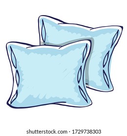 Two hand-drawn sketch style pillows, vector illustration isolated on white background. Soft colored cushions in light blue. Cartoon flat illustration. Element of bedroom and bed for sleep