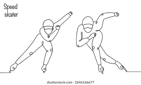Two hand-drawn speed skaters compete in an ice skating race. They compete in various distances where speed, gliding technique and endurance are important. Vector illustration.