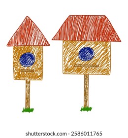 Two hand-drawn wooden birdhouses with red roofs and blue entrance holes, illustrated in a scribble sketch style. A set of birdhouses.