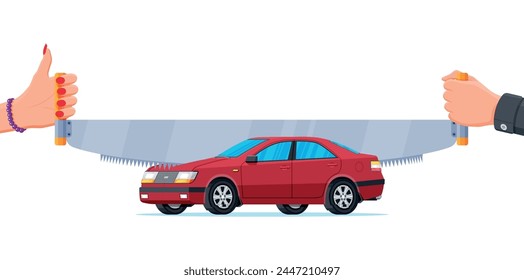 Two Handed Saw Cuts Car in Half. Property Division or Section Concept. Vehicle Divide. Woman and Man Cuts Automobile After End of Marriage. Dissolution of Marriage Contract. Flat Vector Illustration svg