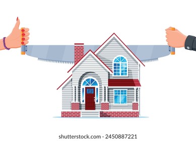 Two Handed Saw Cuts House in Half. Property Division or Section Concept. Real Estate Divide. Woman and Man Cuts House After End of Marriage. Dissolution of Marriage Contract. Flat Vector Illustration