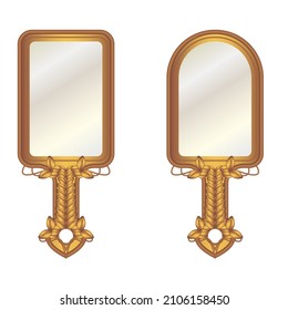 Two handmade golden mirrors with a patterned handle