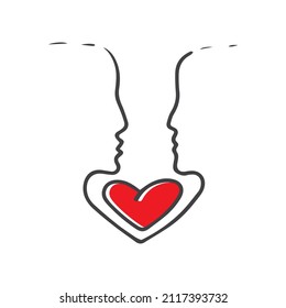 Two hand-painted profiles with a red heart between them a symbol of love. can be used for printing on a blouse.