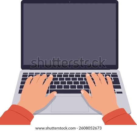Two hands are actively typing on a laptop keyboard, emphasizing focus and productivity in a minimalistic workspace, conveying a sense of engagement and creativity.