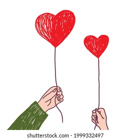 Two hands - adult's and child's - holding two heart balloons. Cartoon vector illustration.