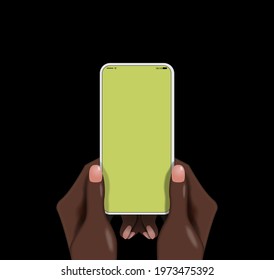 Two hands of an African-American man hold a mobile phone vertically