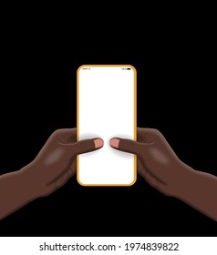 Two hands of an African-American man hold a mobile phone vertically on a black background