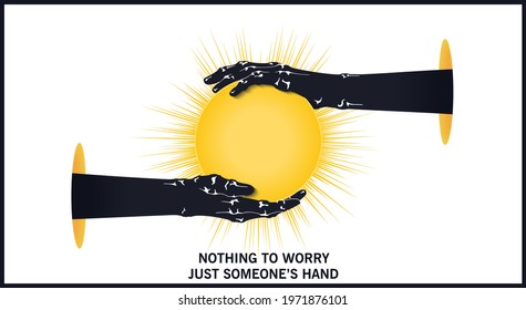 Two hands against each other hold the sun. Trendy flat style two-color illustrations. Vector template