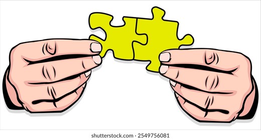 Two hands aligning two puzzle pieces, symbolizing connection, teamwork, or problem-solving. A simple and universal concept perfect for themes of collaboration, unity, and solutions.