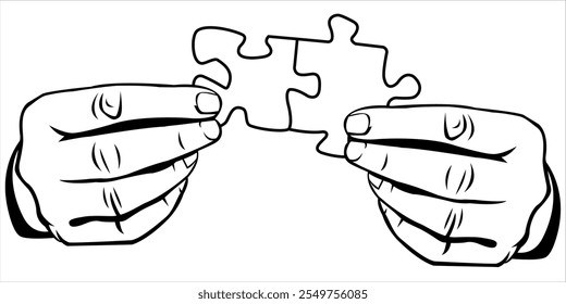 Two hands aligning two puzzle pieces, symbolizing connection, teamwork, or problem-solving. A simple and universal concept perfect for themes of collaboration, unity, and solutions.