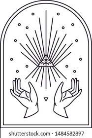 Two hands with all seeing eye symbol. Vision of Providence. Alchemy, religion, spirituality, occultism