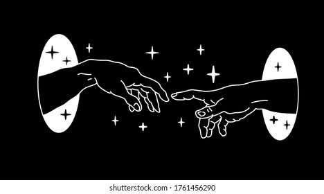 Two hands appearing from the portal in space. The Creation of Adam in Old school (tattoo) style.