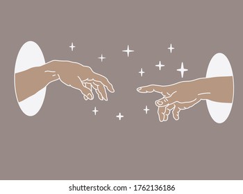 Two hands appearing from the portal in space. The Creation of Adam in Old school (tattoo) style.