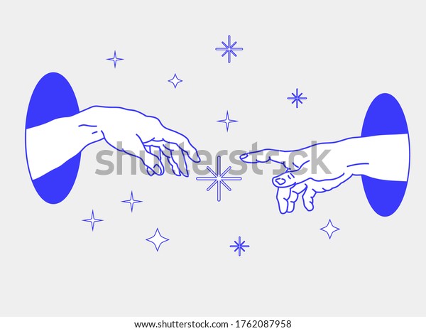 Two hands appearing from the
portal in space. The Creation of Adam in Old school (tattoo)
style.