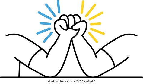 Two hands in arm wrestling match with blue and yellow energy bursts competition strength