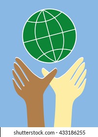 Two hands and arms in brown and white reaching upwards to a stylized globe of the world as a symbol for equality and diversity