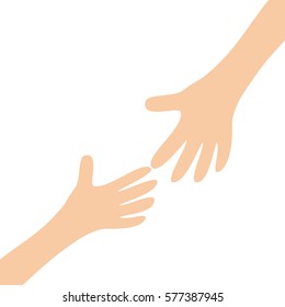 Two Hands Arms Reaching To Each Other. Helping Hand. Close Up Body Part. Happy Valentines Day. Flat Design. Love Soul Gift Concept White Background. Isolated. Vector Illustration