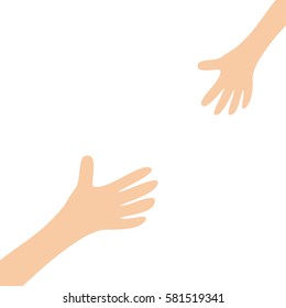 Two Hands Arms Reaching To Each Other. Mother And Baby Helping Hand. Close Up Body Part. Happy Valentines Day. Flat Design. White Background. Isolated. Vector Illustration