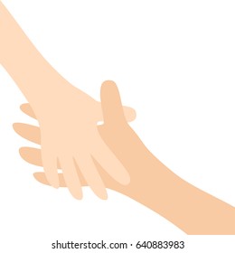 Two hands arms reaching to each other. Handshake. Happy couple. Mother and child. Helping hand. Close up body part. Helping hand. Baby care. White background. Isolated. Flat design Vector illustration