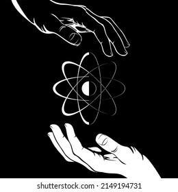Two hands around of a atom black and white