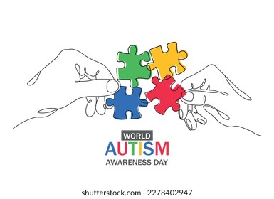 Two hands assembling colorful puzzle in honor of World Autism Awareness Day, continuous line drawing of hands solving puzzle.