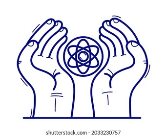 Dos manos con ícono de átomo protegiendo y mostrando cuidado vectorial ilustración de estilo plano aislado en blanco, carismático y defensa para el concepto de ciencia e investigación, átomo nuclear para la paz.
