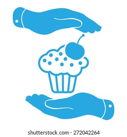 two hands with badge with blue cake icon and cherry on a white background - vector illustration