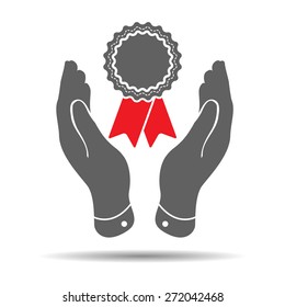two hands with badge and red ribbons icon - vector illustration