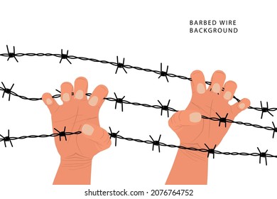 Two hands and a barbed wire fence. Immigration concept, detention camp, concentration camp, restricted area. Resistance, fight against injustice. Vector illustration. Prison, violence symbol.