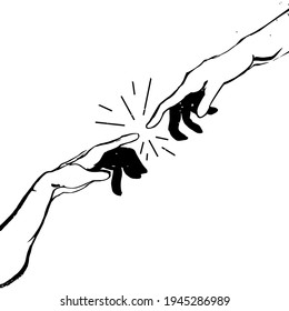 Two hands barely touching one another, love concept, minimalistic line hand drawn vector illustration 