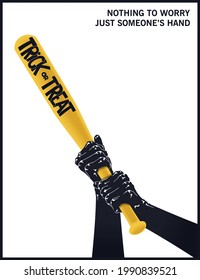 Two hands with a baseball bat threaten to strike. A joke poster for Halloween. Trendy flat style two-color illustrations. Vector template 