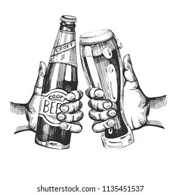 Two hands with beer bootle and glass. Hand drawn illustrations. 