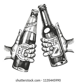 Two hands with beer bootles. Hand drawn illustrations. 