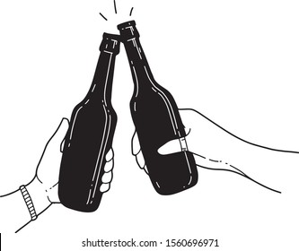 Two hands with beer bottles. Vector hand drawn illustration. Cartoon style. For poster, print design, pub or bar, web, brewery, beer festival, party.