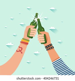 Two hands with beer bottles. Youth at festival. Vector colorful illustration in flat style isolated on white