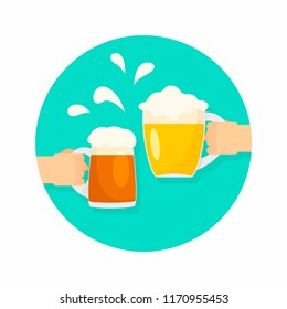 Two hands of beer glasses background. Flat illustration of two hands of beer glasses vector background for web design