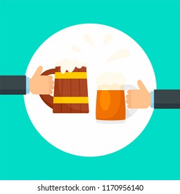 Two hands of beer mug background. Flat illustration of two hands of beer mug vector background for web design