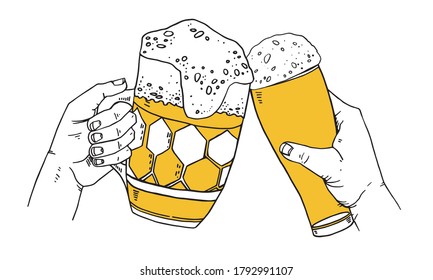 Two hands with beer mugs. Hand drawn color vector sketch illustration on white background