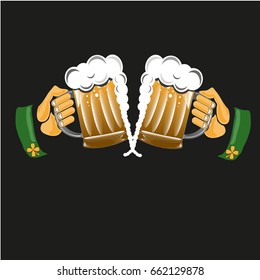 two hands with beer mugs on black background