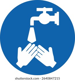 Two hands are being washed under a faucet with water, set against a blue circle background to promote hygiene