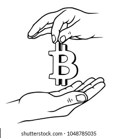 Two hands with bitcoin sign, Business cooperation concept, vector illustation