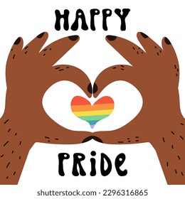 Two hands with black nails show the Love sign, a heart gesture, a rainbow LGBT flag heart in the middle. Happy Pride vector greeting card design. Love, passion, solidarity, friendship symbol.