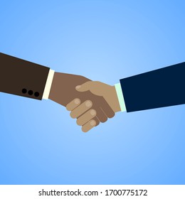 Two hands, black and white in a handshake. Vector illustration.