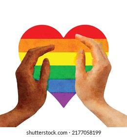Two hands black and white which hold a heart painted with a rainbow. Symbol of love and equality for the LGBTQ community. Realistic hand drawn watercolor illustration. Hand painted vector Clip art.
