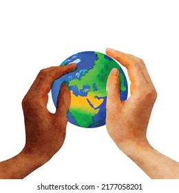 Two hands black and white which hold Planet Earth. Symbol of care for the environment and ecology. Nature protection concept. Realistic hand-draw watercolor. Vector flat cartoon illustration.